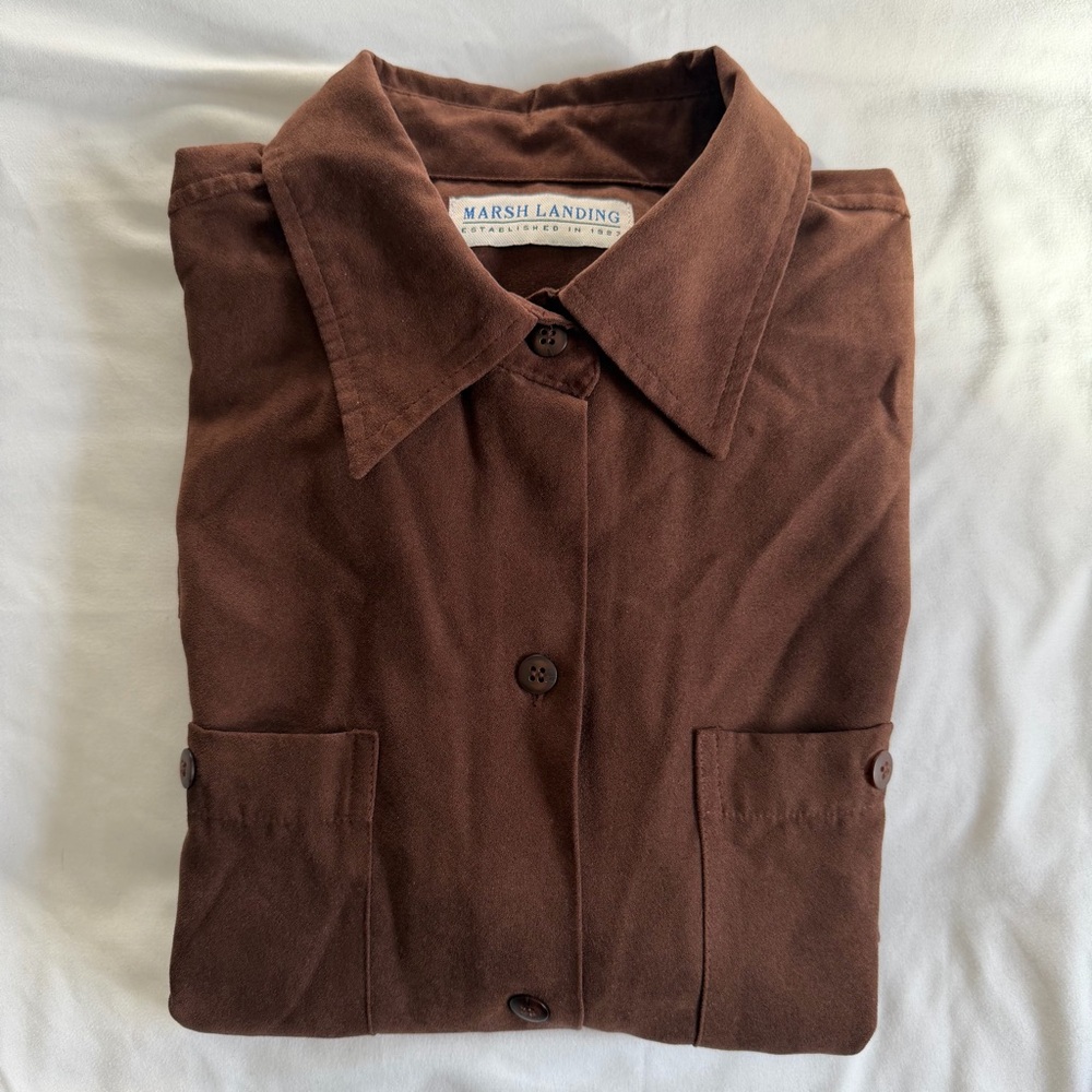 Marsh Landing 90s Faux Suede Soft Chocolate Brown Casual Button Down Shirt